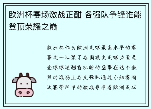 欧洲杯赛场激战正酣 各强队争锋谁能登顶荣耀之巅